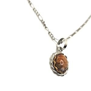 Vintage Pendant Necklace with Agate Neutral Silver Gold Setting